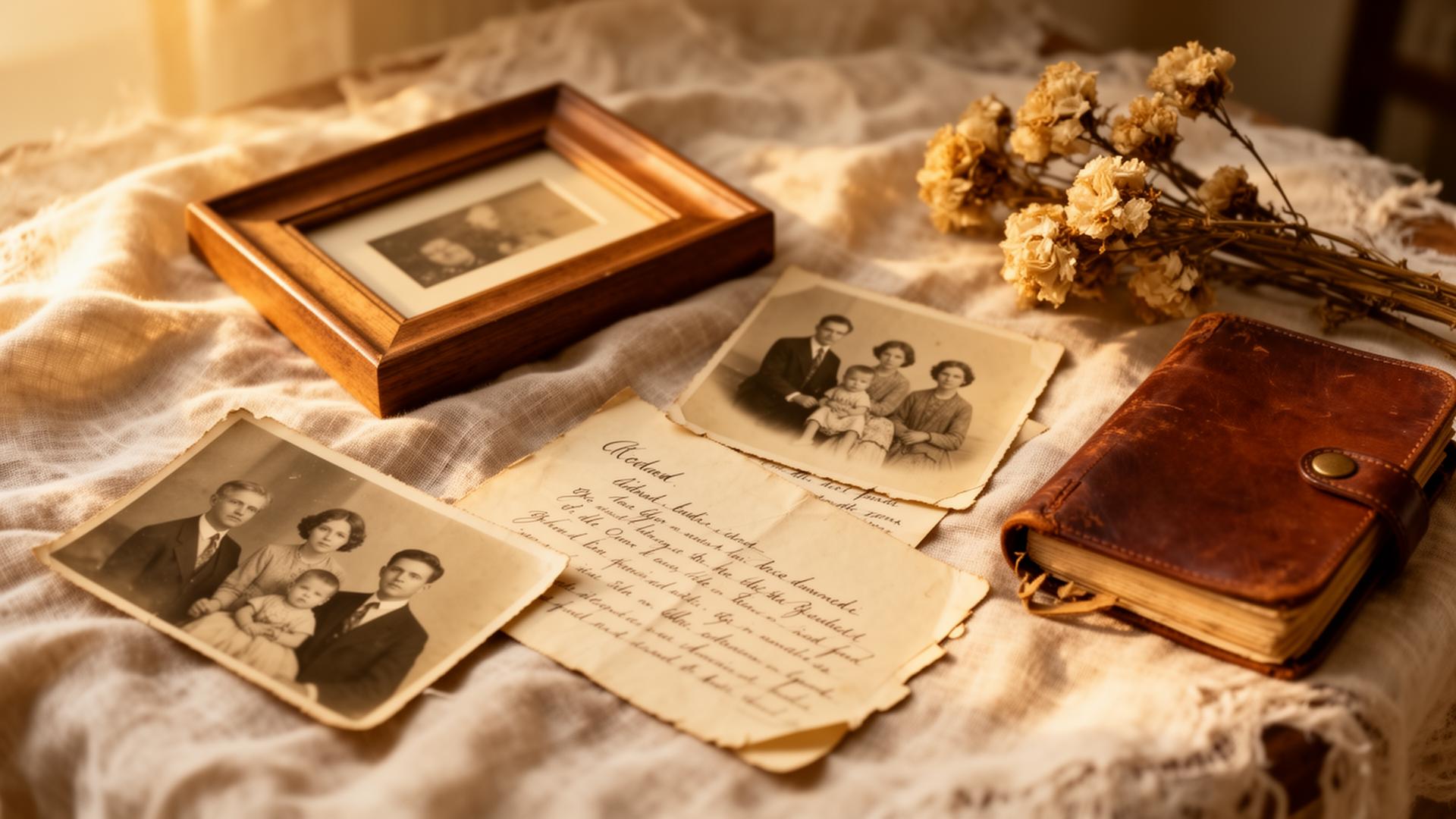 Vintage family photographs, handwritten letters and a wooden picture frame on linen